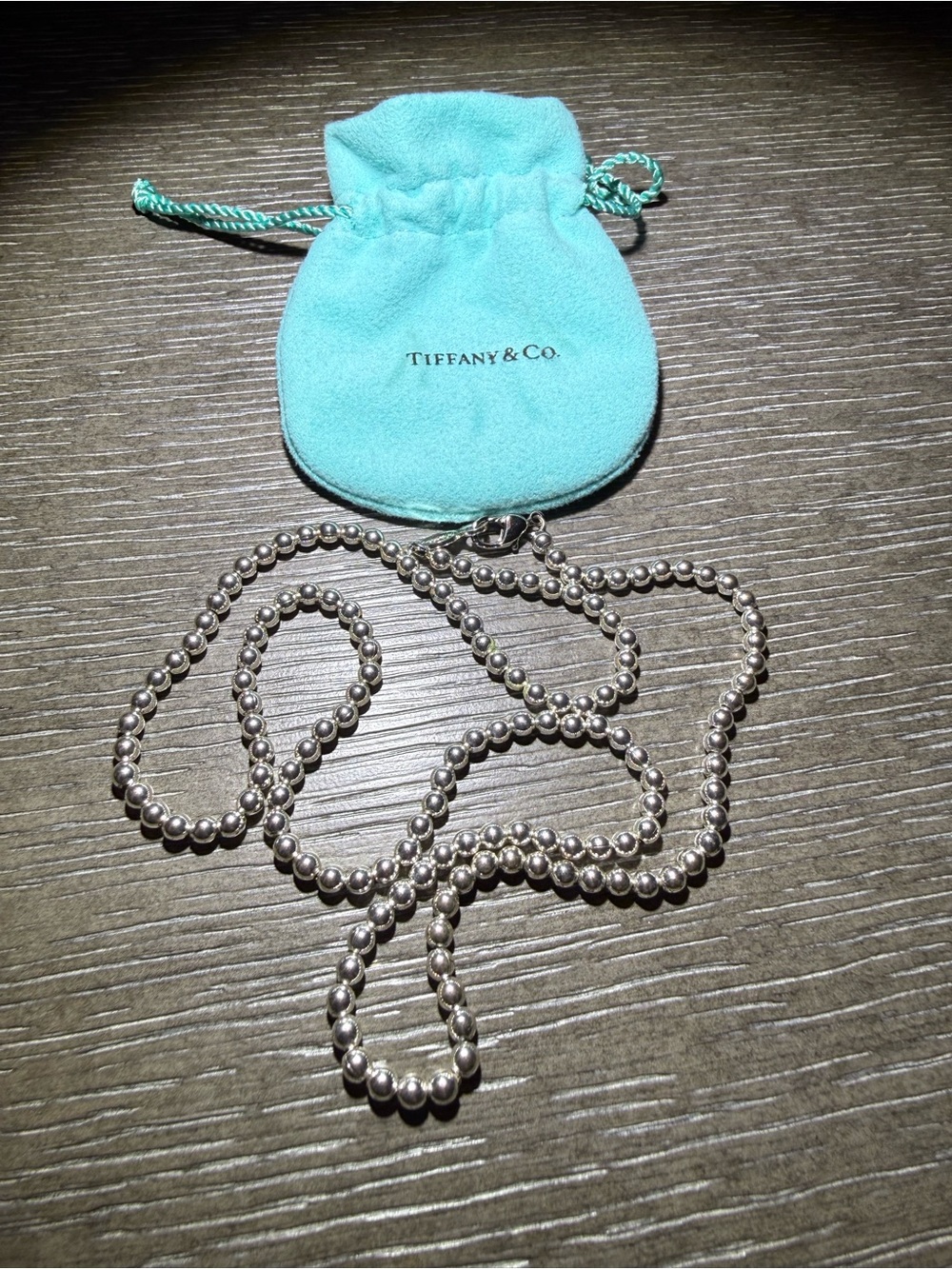 Tiffany & Co. Sterling Silver Bead Necklace with Tiffany Blue Pouch